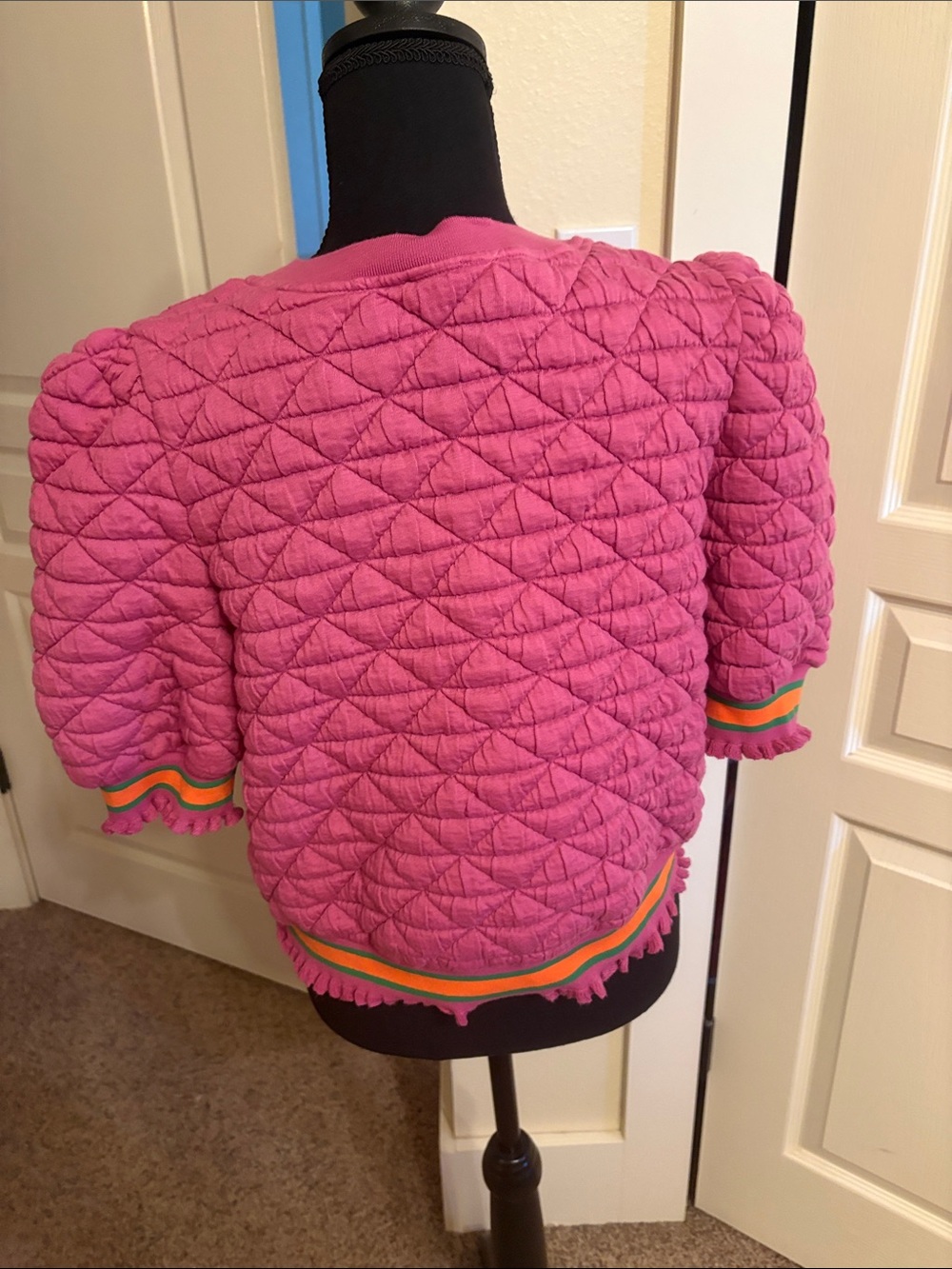 Pink lightweight Quilted Puff-Sleeve Top with Fringe Trim - Picture 3 of 3